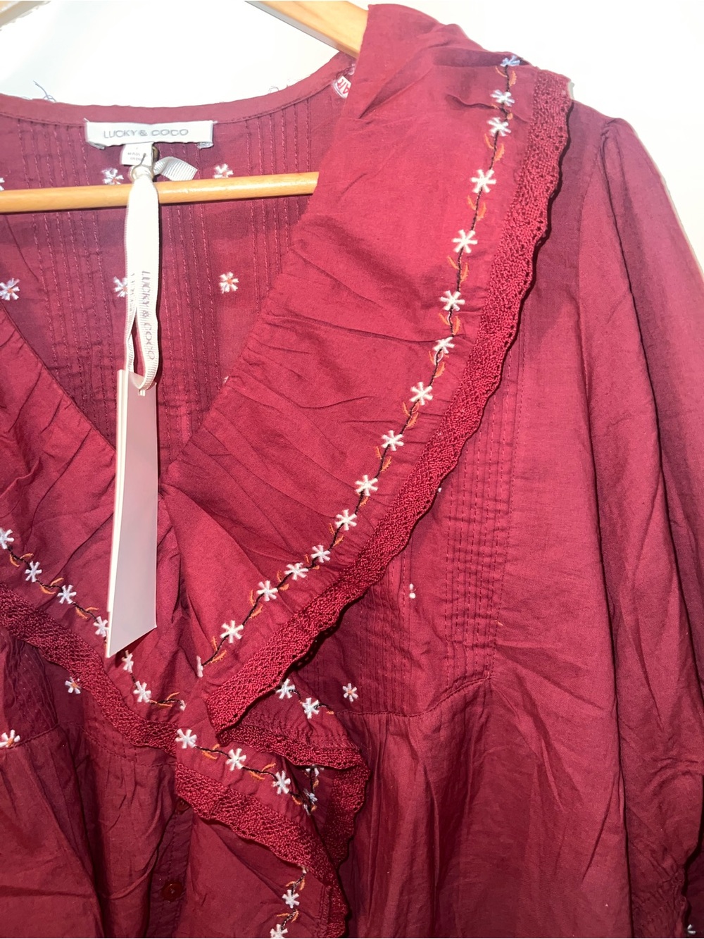 Embroidered Ruffle Red Blouse - Women - Picture 5 of 6